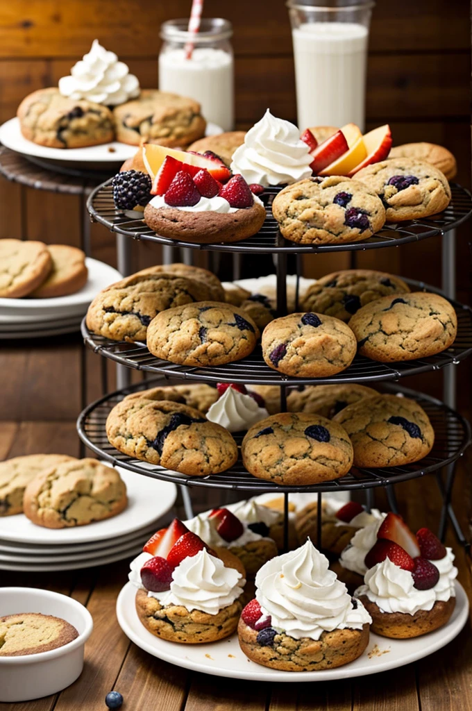 A rack with baked goods, along with whipped cream and fruit for garnishing.
