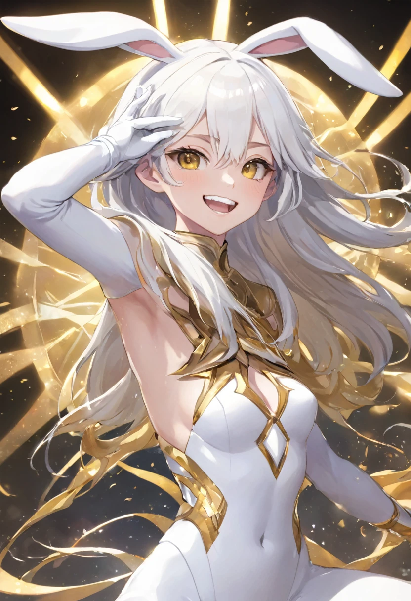 {{{masterpiece}}},{{{ultra detailed 8k cg render}}}, {{{best quality}}}, {{{ultra-detailed}}}, {illustration}, {{delicate and beautiful}}, {{{super detailed skin}}}, (((detailed))), (((beautiful detailed eyes))), (((caustics))),(1girl:1.7),(18 years old),(white-hair:1.7),(straight hair:1.2)(golden eyes:1.5),(fearless smile:1.4),(shiny hair:1.4),(gleaming skin:1.7),(star-shaped pupils:1.2),(madeon:1.7),(5_figners:1.5),(looking_at_viewer:1.7),(sharp eyes:1.4),(middle breasts:1.5),(:1.5),(sweat:1.5),(form above:1.5),(fightingpose:1.4),(kick:1.6),(Rabbit ears:1.5) ,(over-kneehighs:1.5),(muscular:1.6),(abs:1.4),(aura:1.5),(whitecolorclothes:1.5),(bunny suit:1.4),(Jumpsuit:1.5),(dark skin:1.4),(bare arms:1.4),(zettairyouiki:1.4),(bare one's teeth:1.5),(white gloves:1.4),(hero costume:1.6)