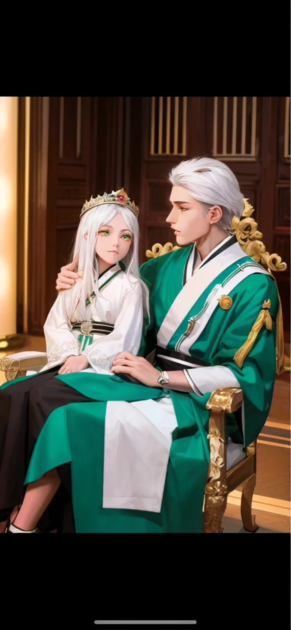 Sitting in the center chair、The king was a handsome man of about 18 years old with white hair and jade green eyes.、A white-haired girl of about is standing next to the chair and touching his cheek.。