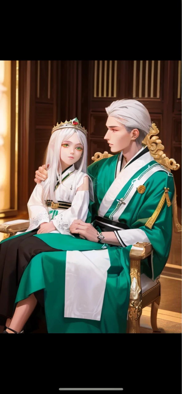 Sitting in the center chair、The king was a handsome man of about 18 years old with white hair and jade green eyes.、A white-haired girl of about 5 years old is standing next to the chair and touching his cheek.。
