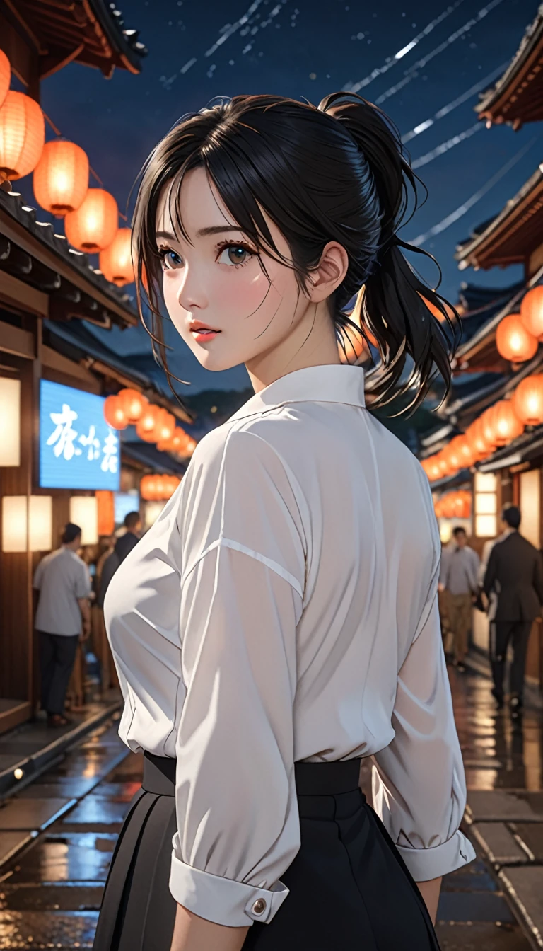 National Science Foundation,(((masterpiece))),masterpiece,High resolution,Highest quality,Highest quality,8K,art,uhd, high details, highres, 8K, 16K, high quality, best quality, super detail, textured skin, masterpiece, accurate, anatomically correct, award winning,Kyoto Animation Style,Your Name movie style,Looking into the camera,To the camera,(((first-person view))),(((ass pov))),night,真night中,Soft and pale light,meteor,(1 female: 1.3),(alone: 1.4),(((Black Hair))),(((ponytail))),(((Medium Hair))),美しいBlack Hair,光沢のあるBlack Hair,Hair blowing in the wind,(((Stylish OL-style fashion))),((A cute woman in an OL suit))),(((White blouse))),White women's blouses,(((Grey tight skirt))),Grey tight skirt,(((Office Lady Uniform))),(necklace),(シルバーのnecklace),(Pink pendant),Silver Earrings,Long eyelashes,Thin legs,Feminine and graceful pose,close of upper body,Close-up,nightの星空,Eyes as deep as the starry sky,(((Pale blue eyes))),Watery eyes,Little tears,Blushed,shy,Smile with slightly open lips,Quietly smiling face,mystery,mystery的,Woman as beautiful as an angel,