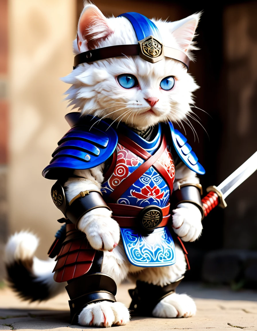 A highly detailed, photorealistic image of a young pure white-furred kitten with blue eyes wearing traditional samurai armor, including a kabuto (helmet), menpo (face mask), and a do (chest armor), along with greaves and suneate (shin guards). The armor is in rich colors with intricate patterns. The kitten has a determined expression and is holding a single katana in a ready stance. The background is plain and simple, focusing solely on the kitten without any complex details or framing. Realistic depiction, dynamic pose, dramatic lighting, ultra-realistic, photo-like quality. --ar 4:5 --res 8k