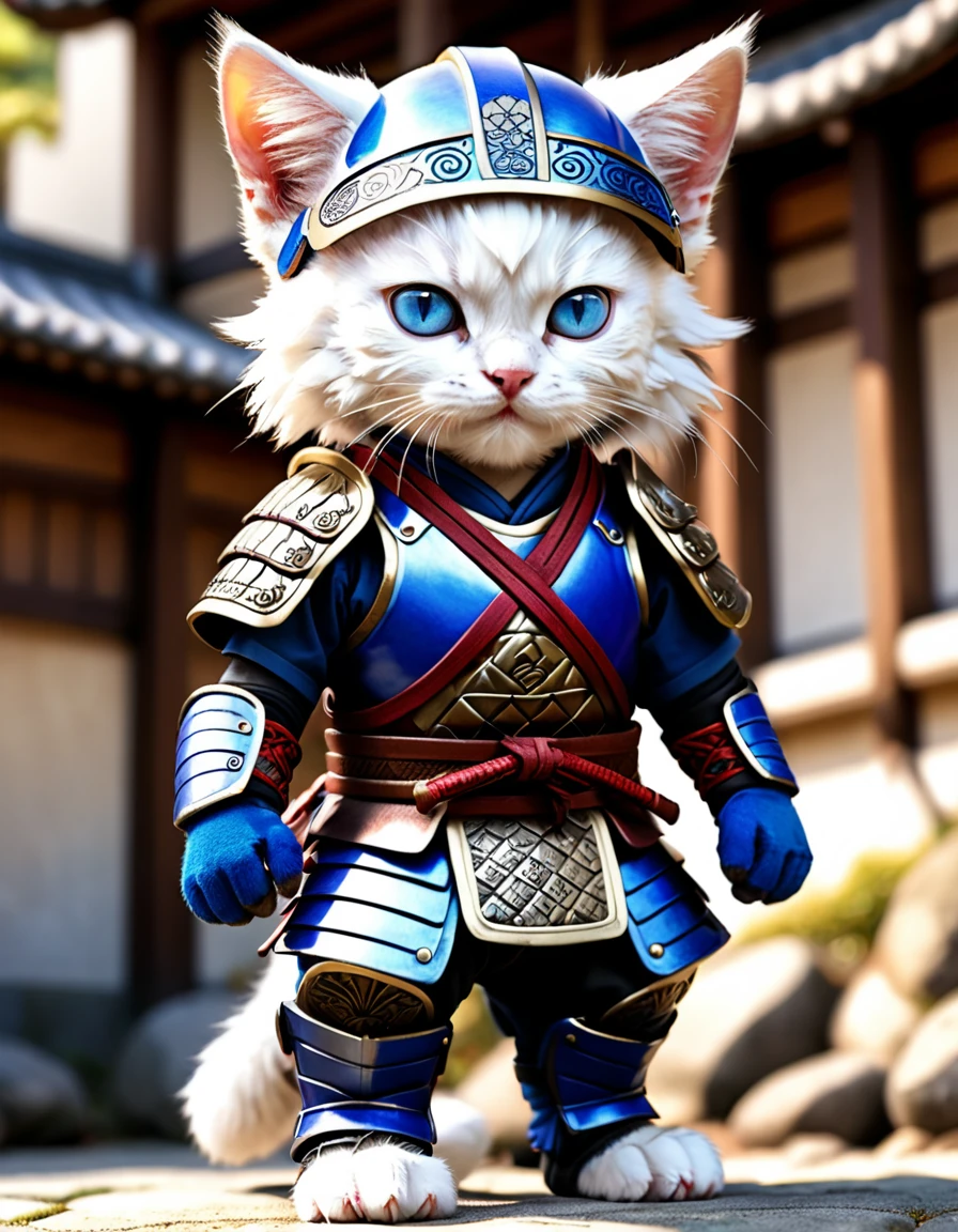 A highly detailed, photorealistic image of a young pure white-furred kitten with blue eyes wearing traditional samurai armor, including a kabuto (helmet), menpo (face mask), and a do (chest armor), along with greaves and suneate (shin guards). The armor is in rich colors with intricate patterns. The kitten has a determined expression and is holding a single katana in a ready stance. The background is plain and simple, focusing solely on the kitten without any complex details or framing. Realistic depiction, dynamic pose, dramatic lighting, ultra-realistic, photo-like quality. --ar 4:5 --res 8k