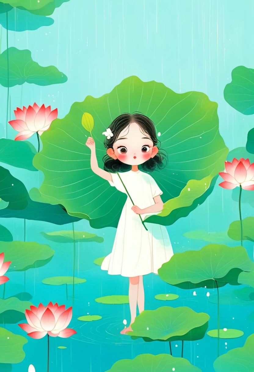 A girl in red standing in the lotus pond, big eyes，Holding a large lotus leaf in hand. It was raining in the sky, The illustration is drawn in a flat style with colored lines, Green is the main background color,Look down from the sky