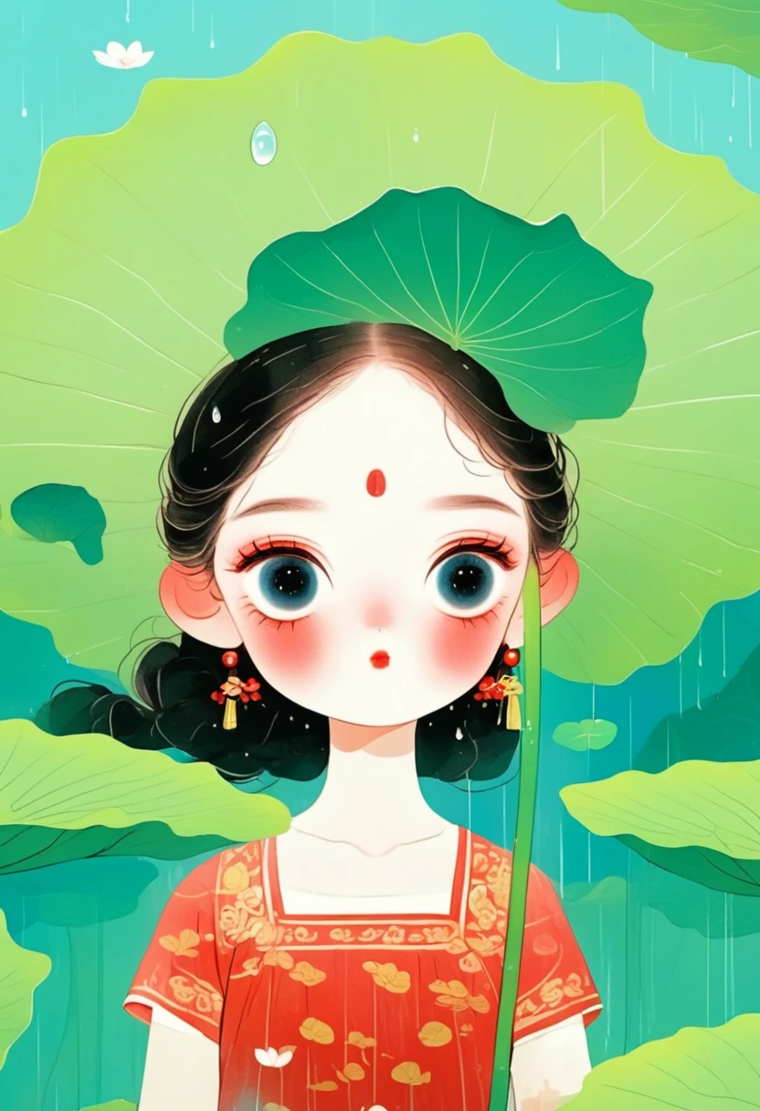 A girl in red standing in the lotus pond, big eyes，Holding a large lotus leaf in hand. It was raining in the sky, The illustration is drawn in a flat style with colored lines, Green is the main background color,Look down from the sky