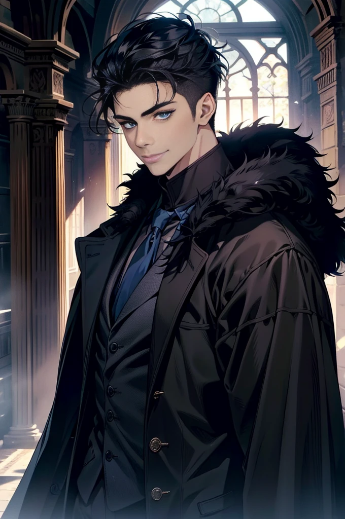 Masterpiece, Highest quality, realistic, 1 person, mature man, A quiet and charming young man, 30 years old, smile, gag, Portrait, Highly detailed face, 寒さとsmile, ((blue eyes)), ((black short hair)), [Thick eyebrows], dark palace, ((black long coat)), ((all black)), (blue eyes) ,Short Black Quiff Hair with Soft Fringe, handsome , muscle, Facial expressions, Black Knight Armor , black fur shawl(Masterpiece,best quality,special, (Broad shoulders)) (muscle), male focus, holding a long sword