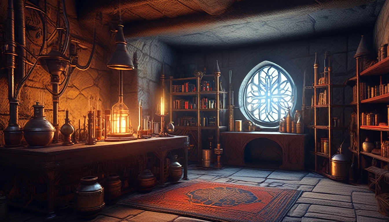 Medieval room with advenced sci-fi science laboratory