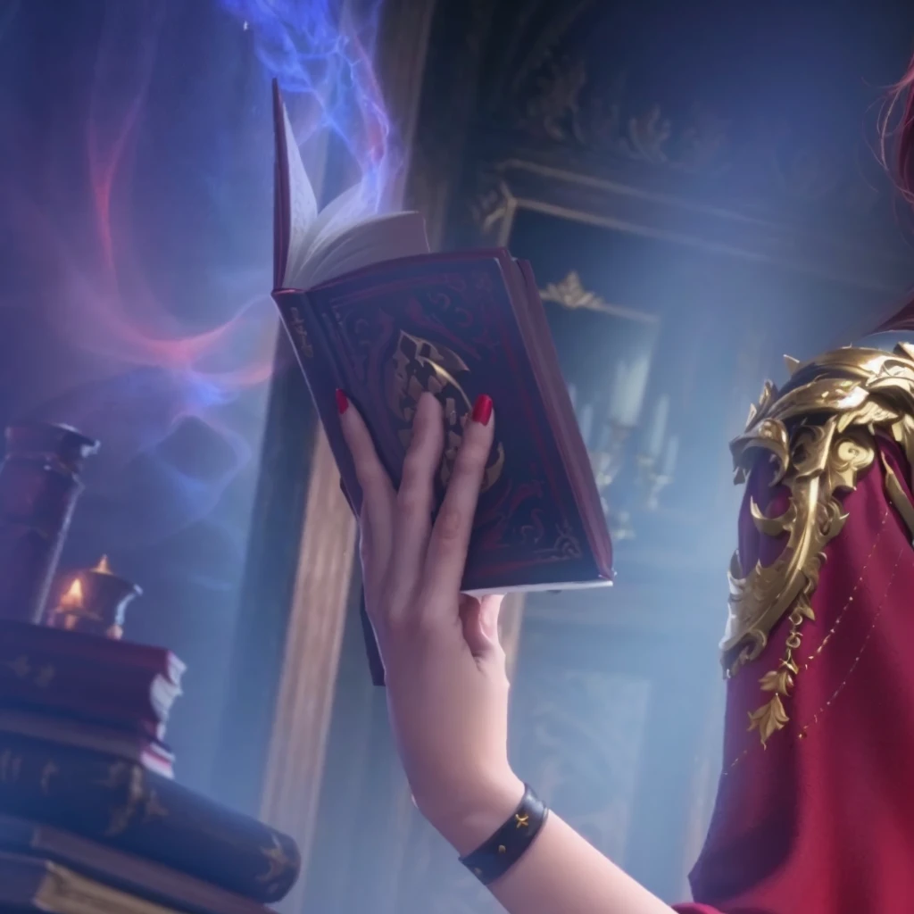 A woman's hand，Red painted nails，Holding a magic book，Game CG，8K