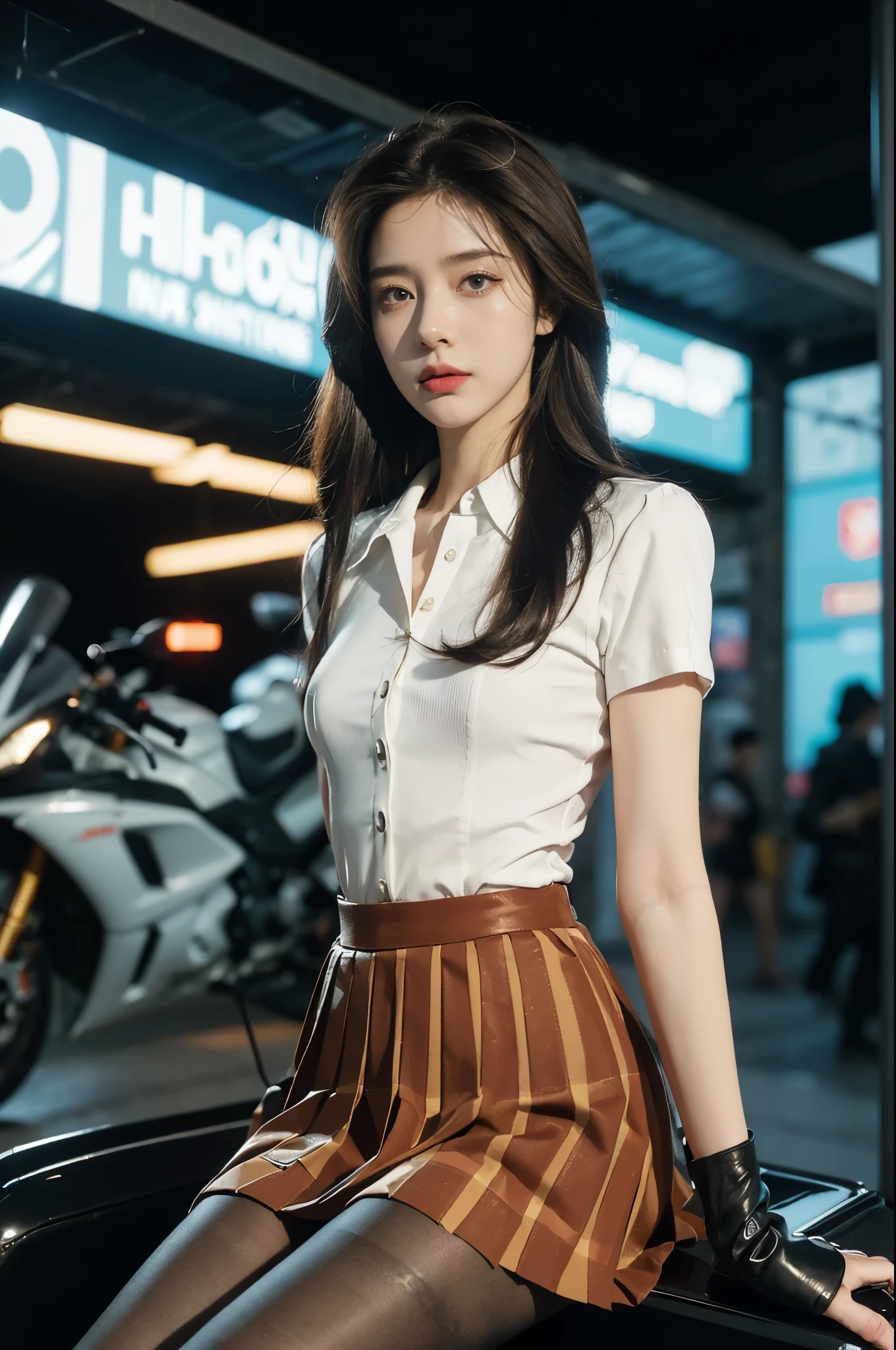 (((best quality))),(((ultra detailed))),(((masterpiece))),illustration,(1 beautiful girl,solo),((slim,thin)),((small breasts,flat chest)),(safety helmet:1.3),shoulder length straight bob hair,slender legs,cyberpunk, urban street,high school student, JK outfit,(riding on a motorcycle:1.3), sleek, (white collared short-sleeved shirt:1.3),(gloves:1.2),(red checkered pleated skirt:1.3),(pantyhose:1.3), stylish boots, confidence, determination, dark streets,neon lights, skyscrapers, urban noises, traffic, sirens, city sounds, futuristic, dystopian society, technology, fashion, explosive cocktail, style, , modernity, attitude, spirit, anything is possible,((from front,upper body))