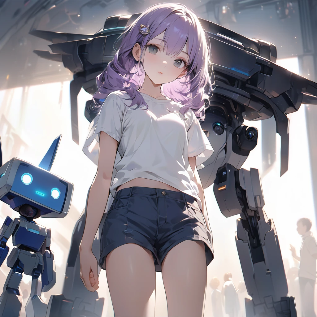 (Cute a girl and a robot:1.5), (a girl with closs hair pin,pale purple hair,bluntbangs hair,green and black eyes,
a girl is wearing a white T-shirt and navy blue shorts,,look at viewer:1.4),A blue cat-shaped robot from the future, about 100cm tall.
(masterpiece:1.3), anime visual, (Lovey-dovey:1.5), (tilt head:1.3), extremely delicate face, soft clean focus, realistic lighting and shading, (an extremely delicate and beautiful art:1.3), elegant, (muted colors:1.1), small breast,