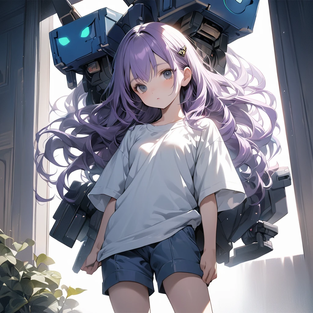 (Cute a girl and a robot:1.5), (a girl with closs hair pin,pale purple hair,bluntbangs hair,green and black eyes,
a girl is wearing a white T-shirt and navy blue shorts,,look at viewer:1.4),A blue cat-shaped robot from the future, about 100cm tall.
(masterpiece:1.3), anime visual, (Lovey-dovey:1.5), (tilt head:1.3), extremely delicate face, soft clean focus, realistic lighting and shading, (an extremely delicate and beautiful art:1.3), elegant, (muted colors:1.1), small breast,