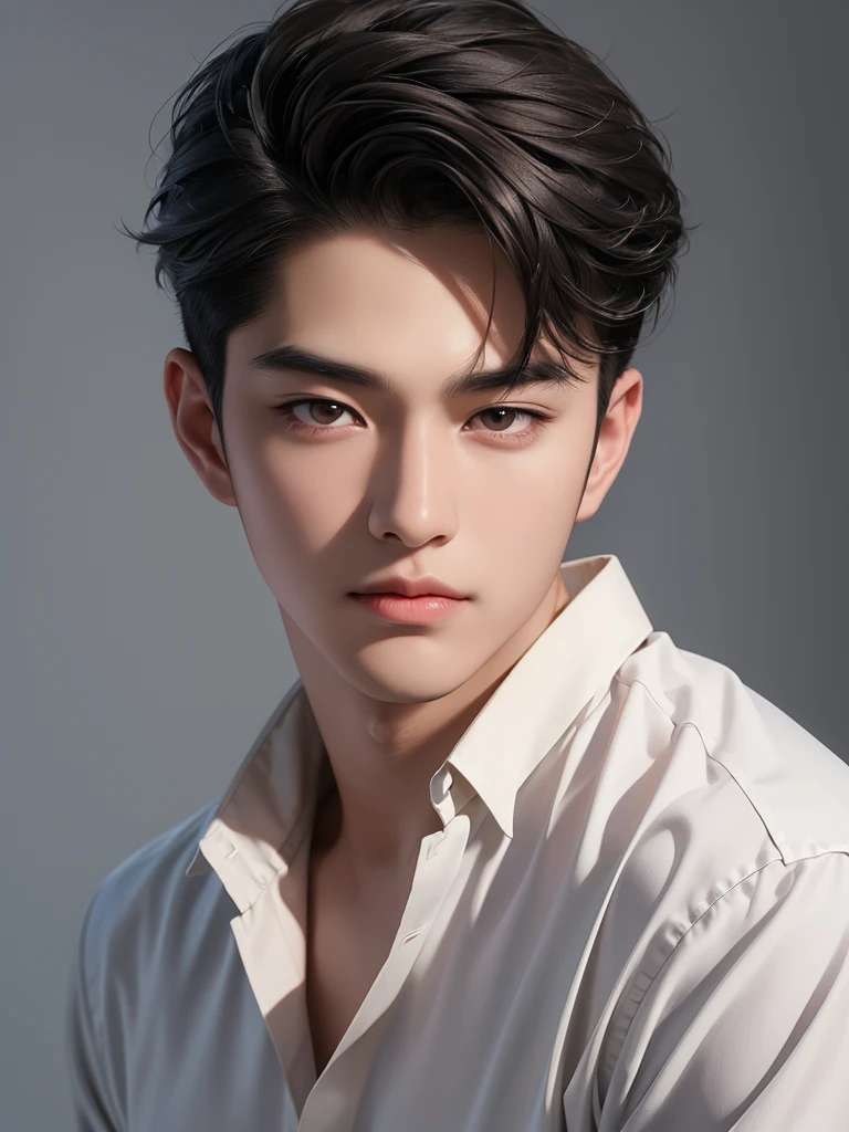 ((High quality)), ((masterpiece)), ((highly detailed)), perfect face, realistic, ((man)), ((Asian)), black hair, korean boy, portrait, cute guy, handsome guy, grey wallpaper, brown eyes, sexy, one lid, casual shirt, pale skin, korean actor, asian eyes, adorable, lovely, natural