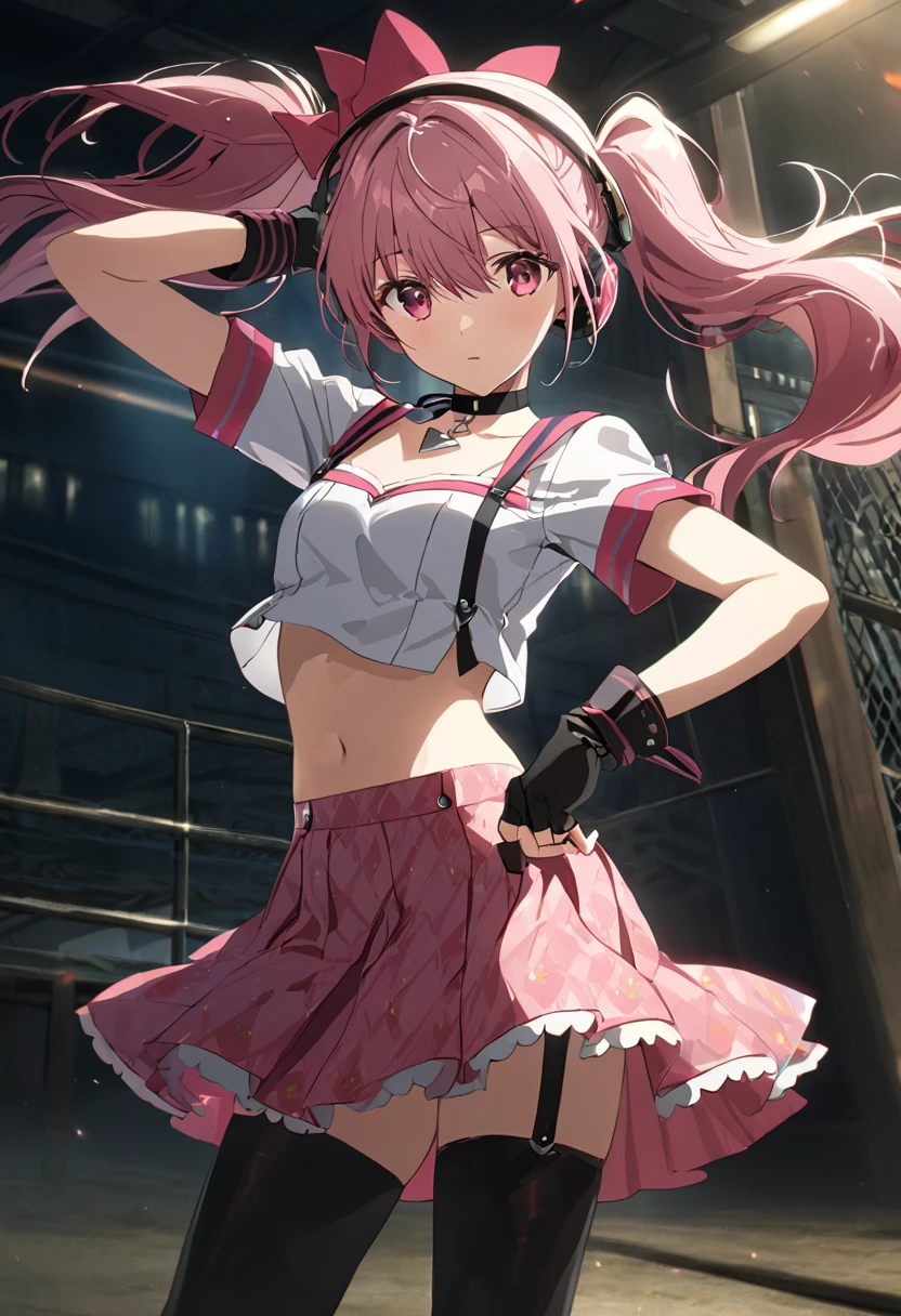 ,(mediumshot:1),kujikawadancing, twintails, hair bow, headphones, white shirt, crop top, short sleeves, suspenders, pink skirt, black thighhighs, fingerless gloves, single glove, choker, midriff,v-over eyes,,cinematic, anime screencap:0.8, official art, masterpiece, best quality,UHD,HDR,aesthetic,very aesthetic,,