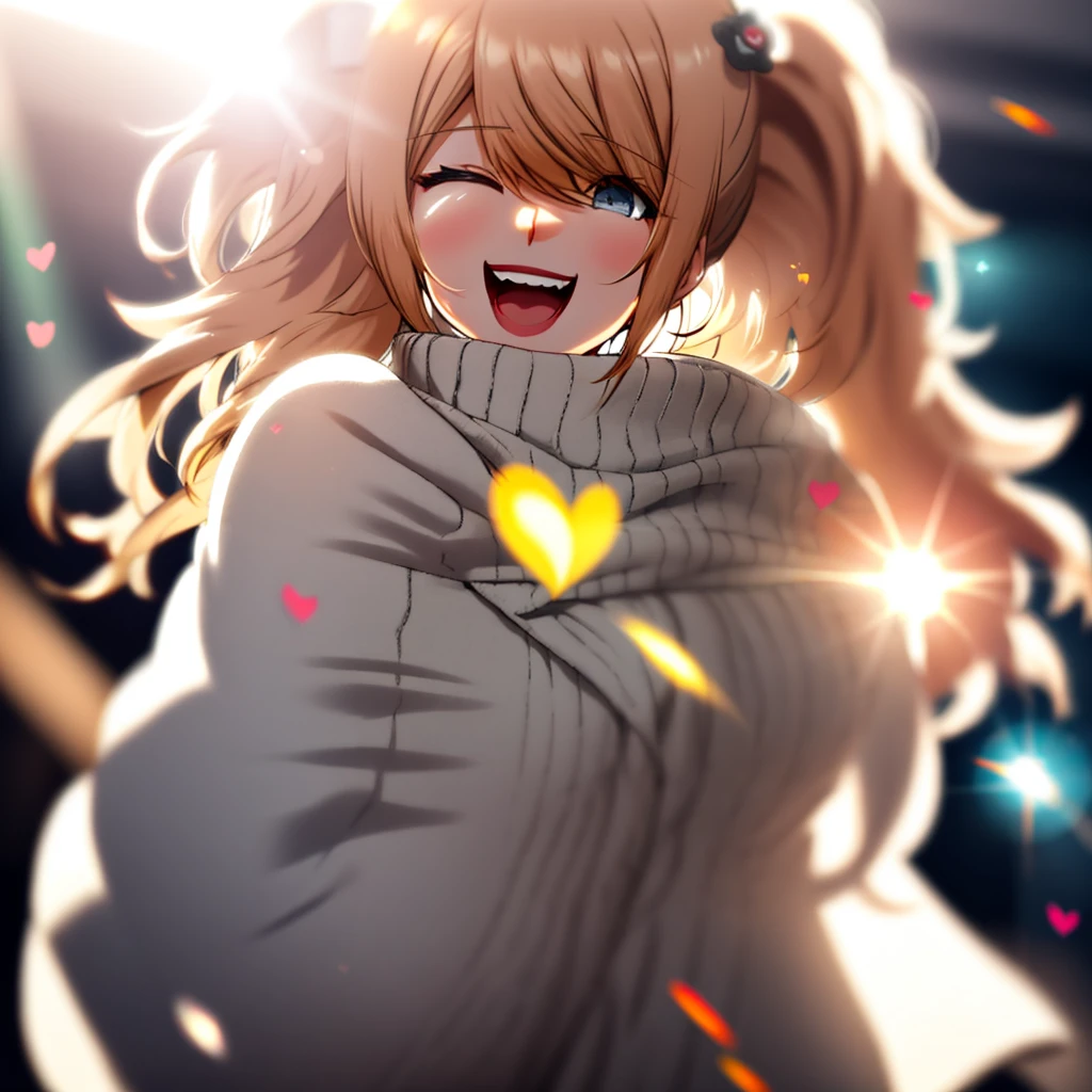 a girl, cosy sweater on, upper body, (huge Laughing:1.1), (open mouth:1.1), (wide open eyes:1.2), sun glare, bokeh, depth of field, blurry background, light particles, strong wind, (heart particles:1.1)