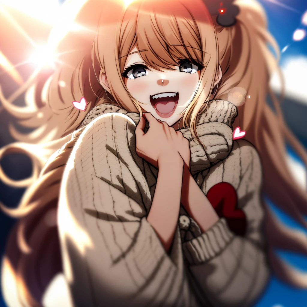 a girl, cosy sweater on, upper body, (huge Laughing:1.1), (open mouth:1.1), (wide open eyes:1.2), sun glare, bokeh, depth of field, blurry background, light particles, strong wind, (heart particles:1.1)
