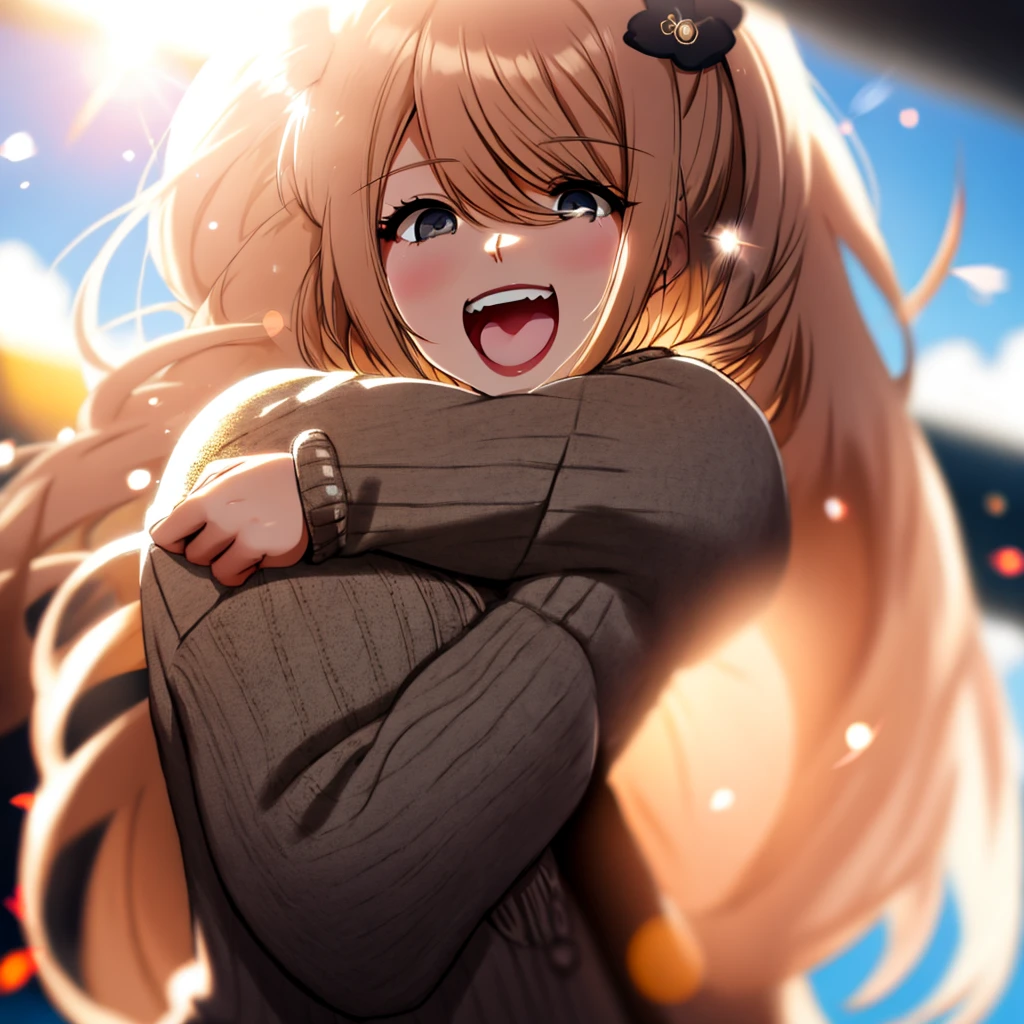 a girl, cosy sweater on, upper body, (huge Laughing:1.1), (open mouth:1.1), (wide open eyes:1.2), sun glare, bokeh, depth of field, blurry background, light particles, strong wind, (heart particles:1.1)