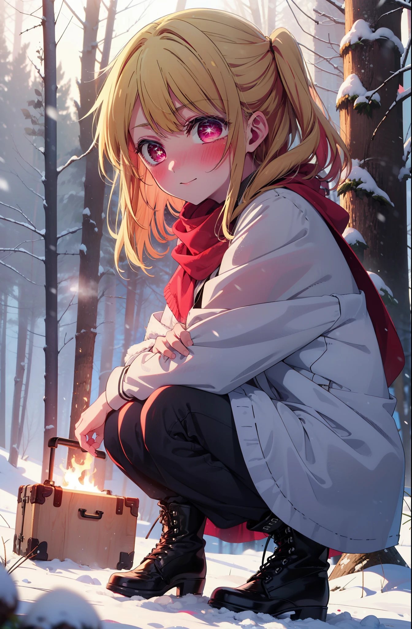 rubyhoshino, Hoshino Ruby, Long Hair, bangs, Blonde, (Pink Eyes:1.3), (Symbol-shaped pupil:1.5), Multicolored Hair, Two-tone hair, smile,blush,White Breath,
Open your mouth,snow,Ground bonfire, Outdoor, boots, snowing, From the side, wood, suitcase, Cape, Blurred, , forest, White handbag, nature,  Squat, Mouth closed, Cape, winter, Written boundary depth, Black shoes, red Cape break looking at viewer, Upper Body, whole body, break Outdoor, forest, nature, break (masterpiece:1.2), Highest quality, High resolution, unity 8k wallpaper, (shape:0.8), (Beautiful and beautiful eyes:1.6), Highly detailed face, Perfect lighting, Highly detailed CG, (Perfect hands, Perfect Anatomy),