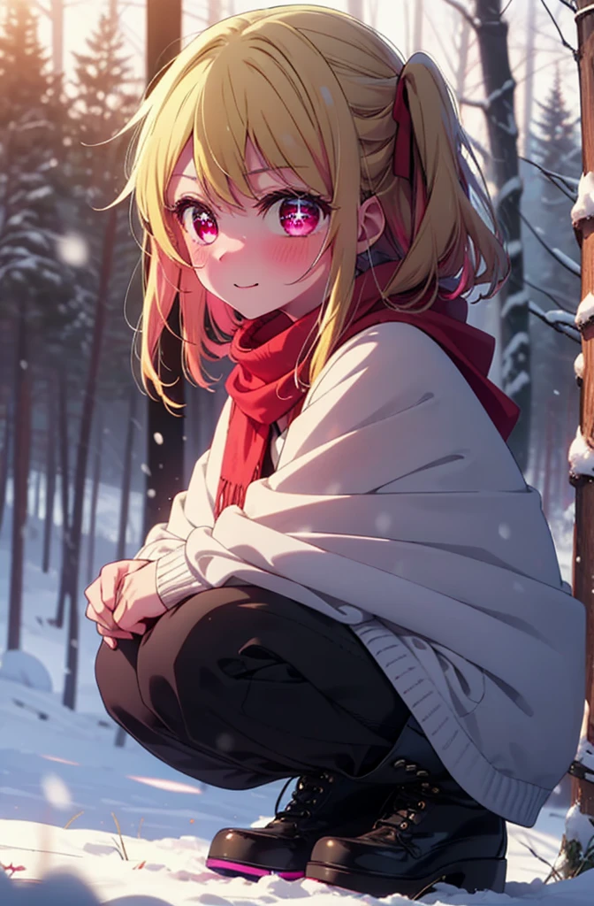 rubyhoshino, Hoshino Ruby, Long Hair, bangs, Blonde, (Pink Eyes:1.3), (Symbol-shaped pupil:1.5), Multicolored Hair, Two-tone hair, smile,blush,White Breath,
Open your mouth,snow,Ground bonfire, Outdoor, boots, snowing, From the side, wood, suitcase, Cape, Blurred, , forest, White handbag, nature, Squat, Mouth closed, Cape, winter, Written boundary depth, Black shoes, red Cape break looking at viewer, Upper Body, whole body, break Outdoor, forest, nature, break (masterpiece:1.2), Highest quality, High resolution, unity 8k wallpaper, (shape:0.8), (Beautiful and beautiful eyes:1.6), Highly detailed face, Perfect lighting, Highly detailed CG, (Perfect hands, Perfect Anatomy),