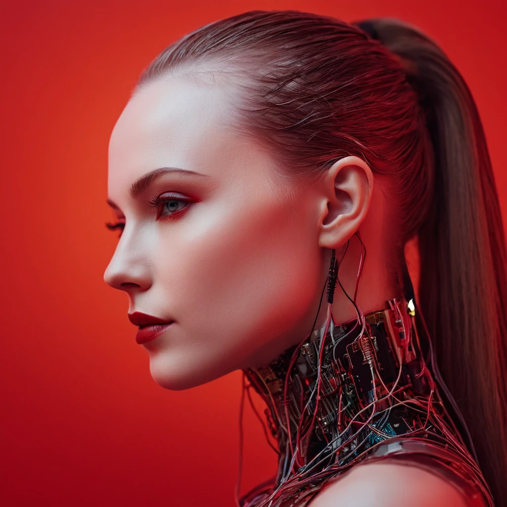 A beautiful ((evil slavic woman)), pale skin, long dark blond hair, with robotic features as a closeup shot of the face and neck, with circuitry on her skin, clean lines, minimal details, cyberpunk, portrayed in profile with a red background, futuristic design, in a 2D flat composition, red tones, digital art