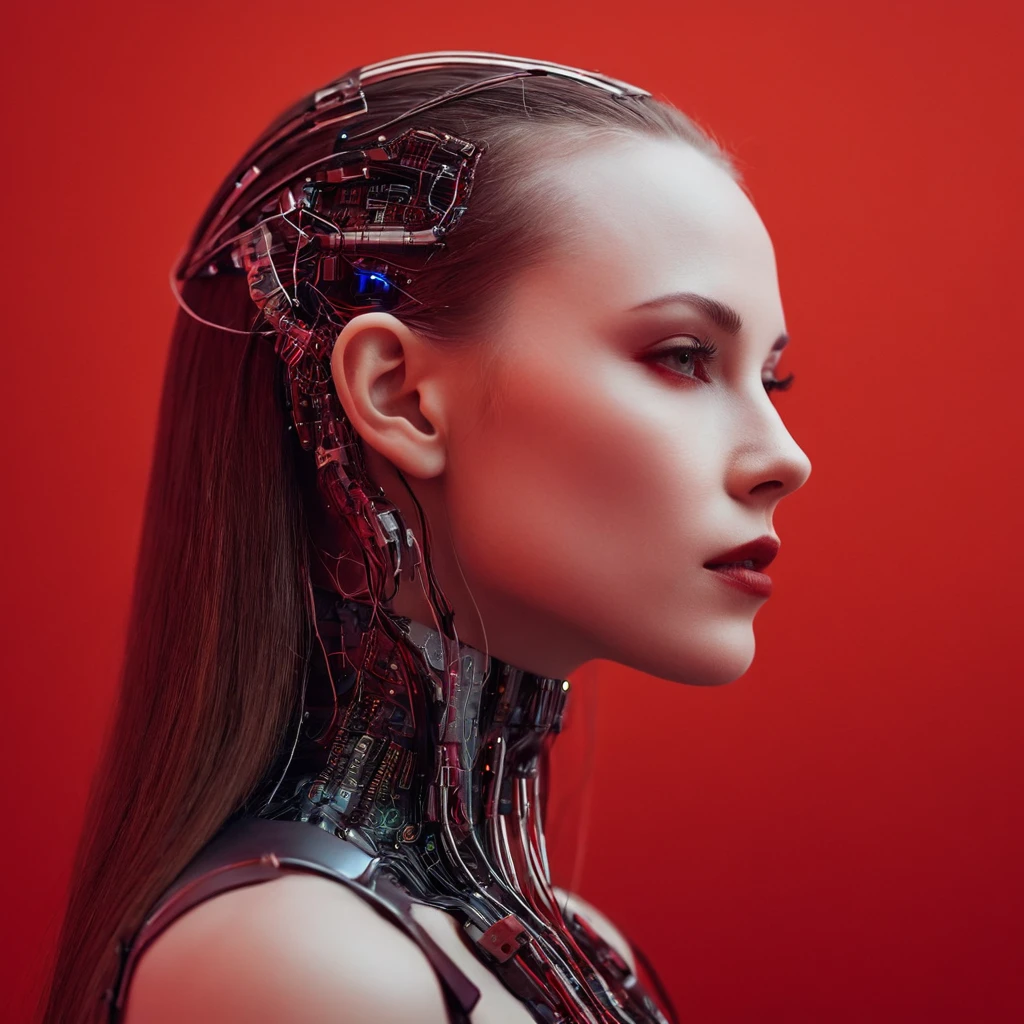 A beautiful ((evil slavic woman)), pale skin, long dark blond hair, with robotic features as a closeup shot of the face and neck, with circuitry on her skin, clean lines, minimal details, cyberpunk, portrayed in profile with a red background, futuristic design, in a 2D flat composition, red tones, digital art