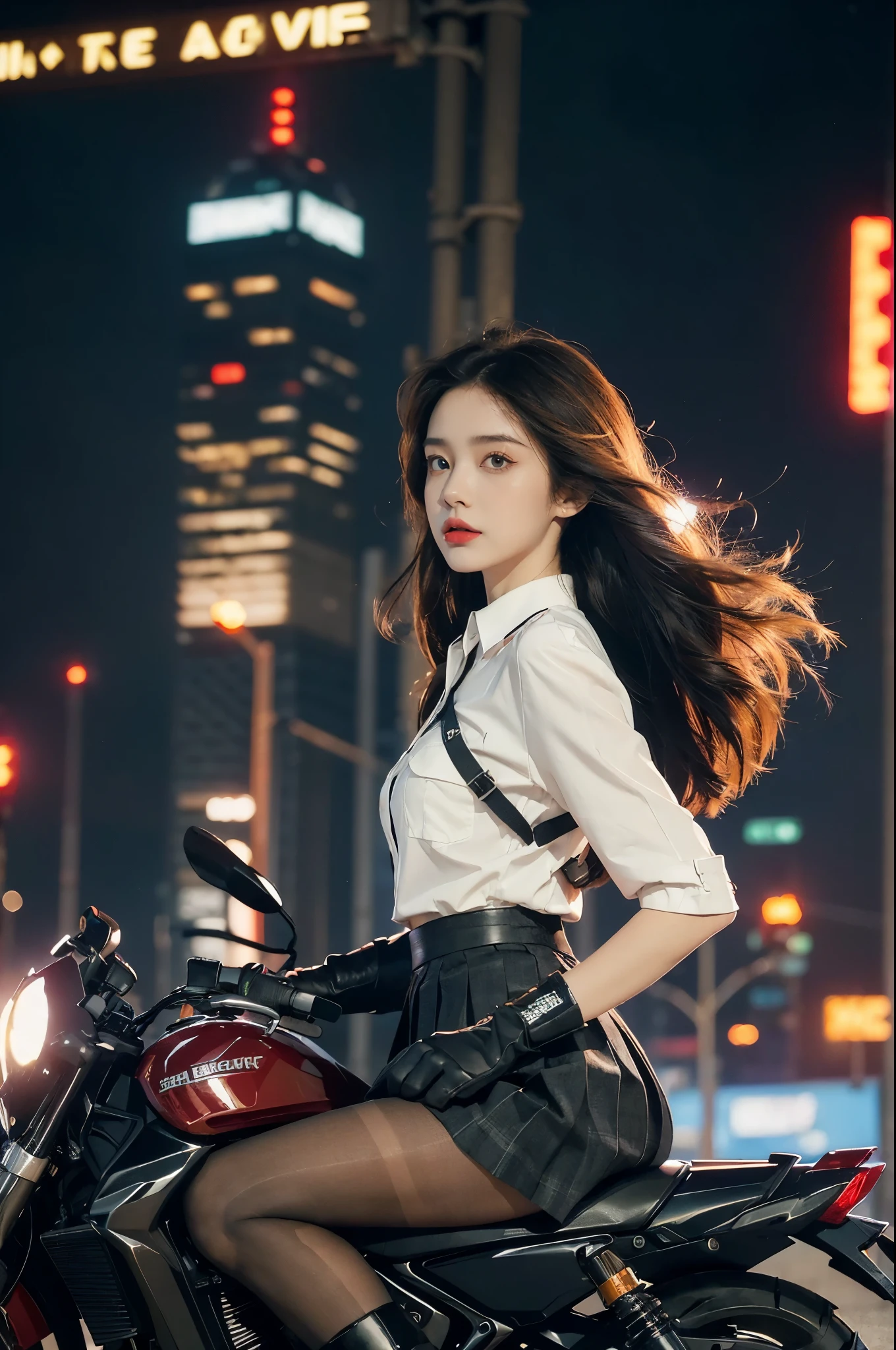 (((best quality))),(((ultra detailed))),(((masterpiece))),illustration,(1 beautiful girl,solo),((slim,thin)),((small breasts,flat chest)),(safety helmet:1.3),shoulder length straight bob hair,slender legs,cyberpunk, urban street,high school student, JK outfit,(riding on a motorcycle:1.3), sleek, (white collared short-sleeved shirt:1.3),(gloves:1.2),(red checkered pleated skirt:1.3),(pantyhose:1.3), stylish boots, confidence, determination, dark streets,neon lights, skyscrapers, urban noises, traffic, sirens, city sounds, futuristic, dystopian society, technology, fashion, explosive cocktail, style, , modernity, attitude, spirit, anything is possible,((from front,upper body))