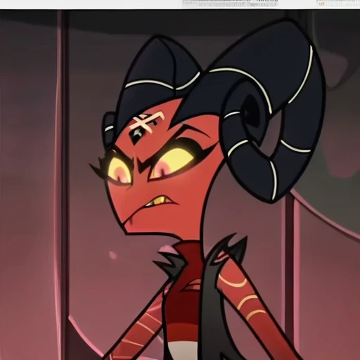 barbie wire, 1girl, demon girl, red skin, forehead tattoo, arm tattoos, horns, striped dress, leather jacket, screencap, front facing view, closed mouth,