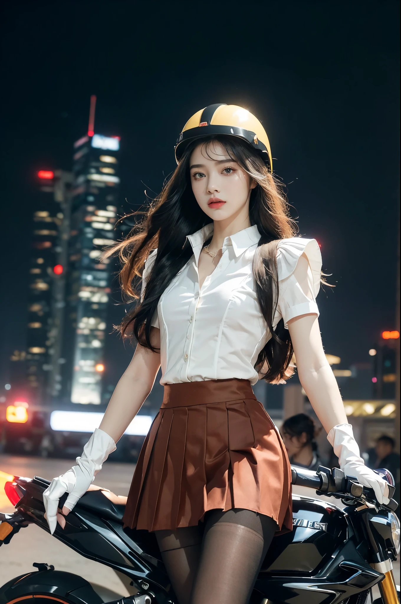 (((best quality))),(((ultra detailed))),(((masterpiece))),illustration,(1 beautiful girl,solo),((slim,thin)),((small breasts,flat chest)),(safety helmet:1.3),shoulder length straight bob hair,slender legs,cyberpunk, urban street,high school student, JK outfit,(riding on a motorcycle:1.3), sleek, (white collared short-sleeved shirt:1.3),(gloves:1.2),(red checkered pleated skirt:1.3),(pantyhose:1.3), stylish boots, confidence, determination, dark streets,neon lights, skyscrapers, urban noises, traffic, sirens, city sounds, futuristic, dystopian society, technology, fashion, explosive cocktail, style, , modernity, attitude, spirit, anything is possible,((from front,upper body))