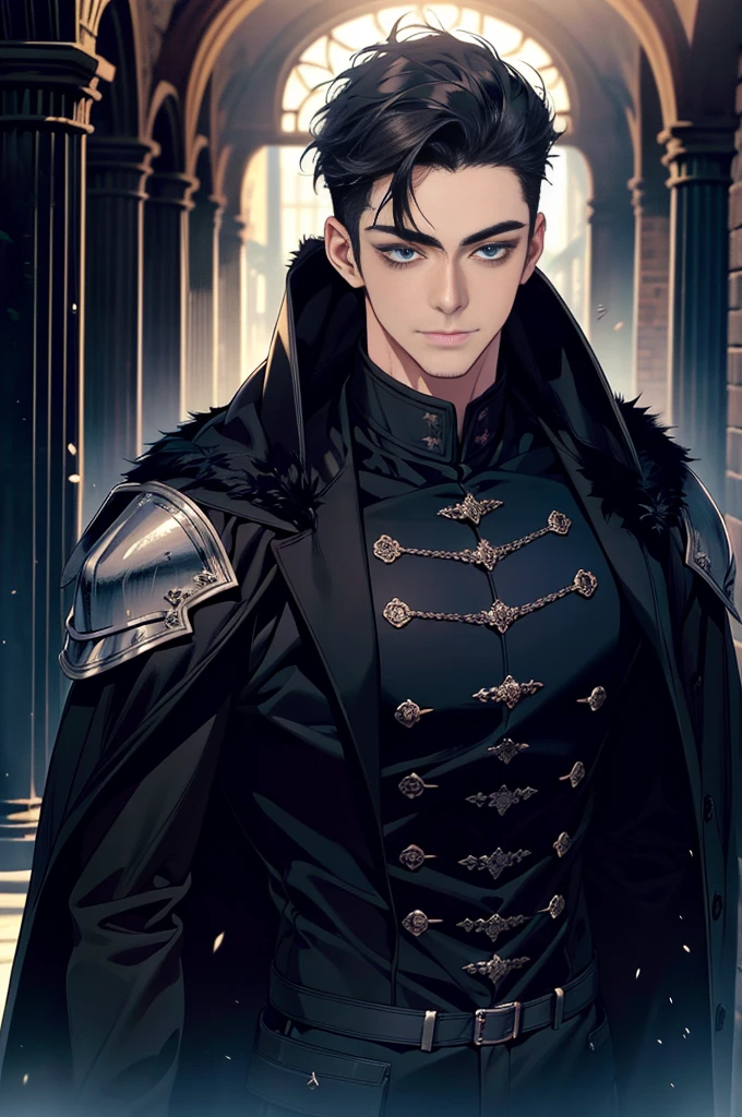 Masterpiece, Highest quality, realistic, 1 person, mature man, A quiet and charming young man, 30 years old, smile, gag, Portrait, Highly detailed face, 寒さとsmile, ((blue eyes)), ((black short hair)), [Thick eyebrows], dark palace, ((black long coat)), ((all black)), (blue eyes) ,Short Black Quiff Hair with Soft Fringe, handsome , muscle, Facial expressions, Black Knight Armor , black fur shawl(Masterpiece,best quality,special, (Broad shoulders)) (muscle), male focus, holding a long sword