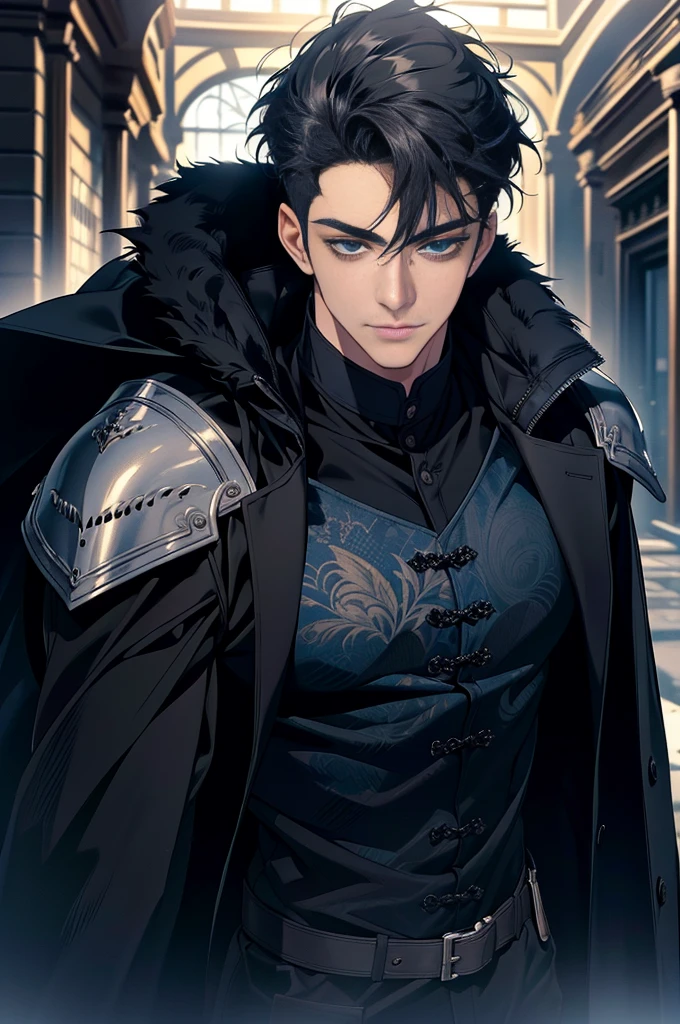 Masterpiece, Highest quality, realistic, 1 person, mature man, A quiet and charming young man, 30 years old, smile, gag, Portrait, Highly detailed face, 寒さとsmile, ((blue eyes)), ((black short hair)), [Thick eyebrows], dark palace, ((black long coat)), ((all black)), (blue eyes) ,Short Black Quiff Hair with Soft Fringe, handsome , muscle, Facial expressions, Black Knight Armor , black fur shawl(Masterpiece,best quality,special, (Broad shoulders)) (muscle), male focus, holding a long sword