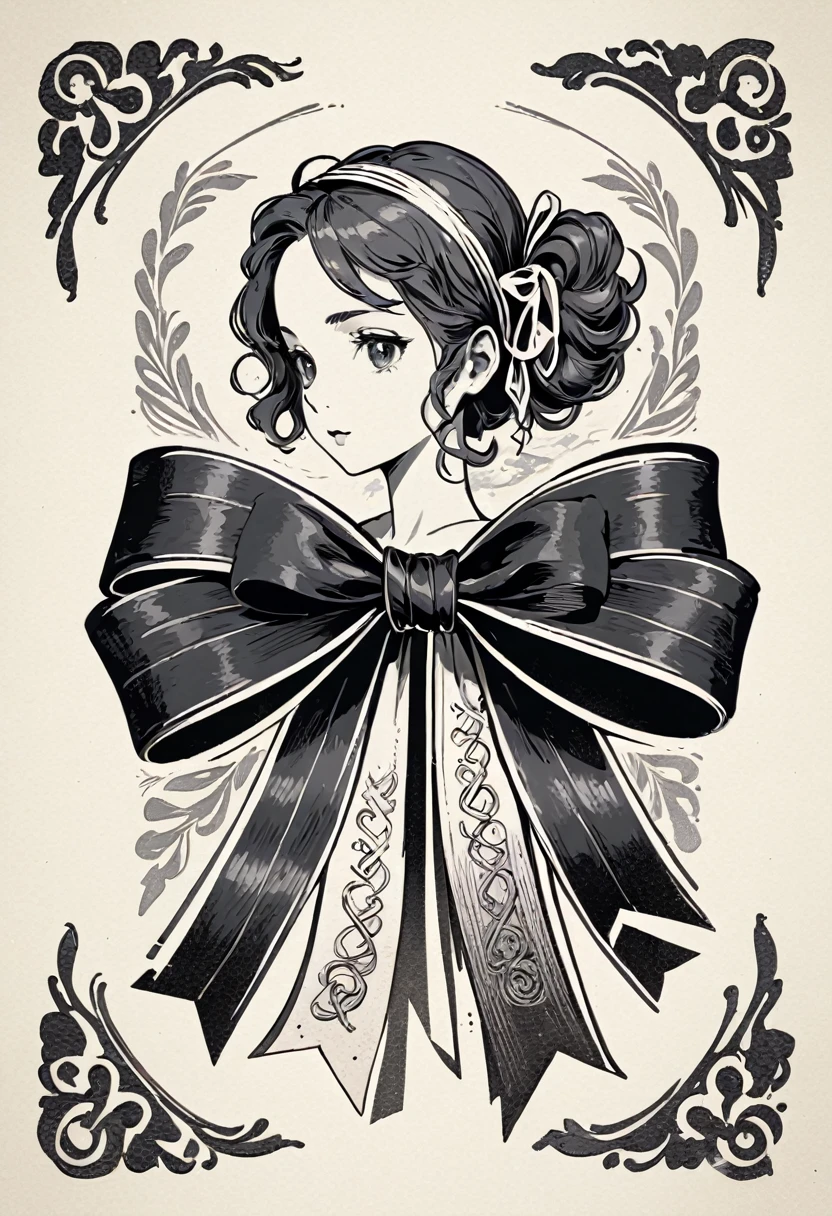 masterpiece、super beautiful、8K、Asymmetric、Long wavy ribbon、flat、An illustration of a ribbon tied in a bowknot, drawn with worn lines in the style of medieval black and white letterpress printing.