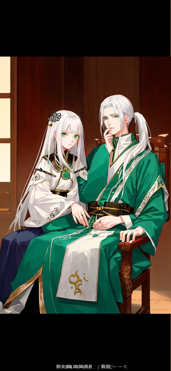 Sitting in the center chair、The king was a handsome man of about 18 years old with white hair and jade green eyes.、A white-haired girl of about 5 years old is standing next to the chair and touching his cheek.。