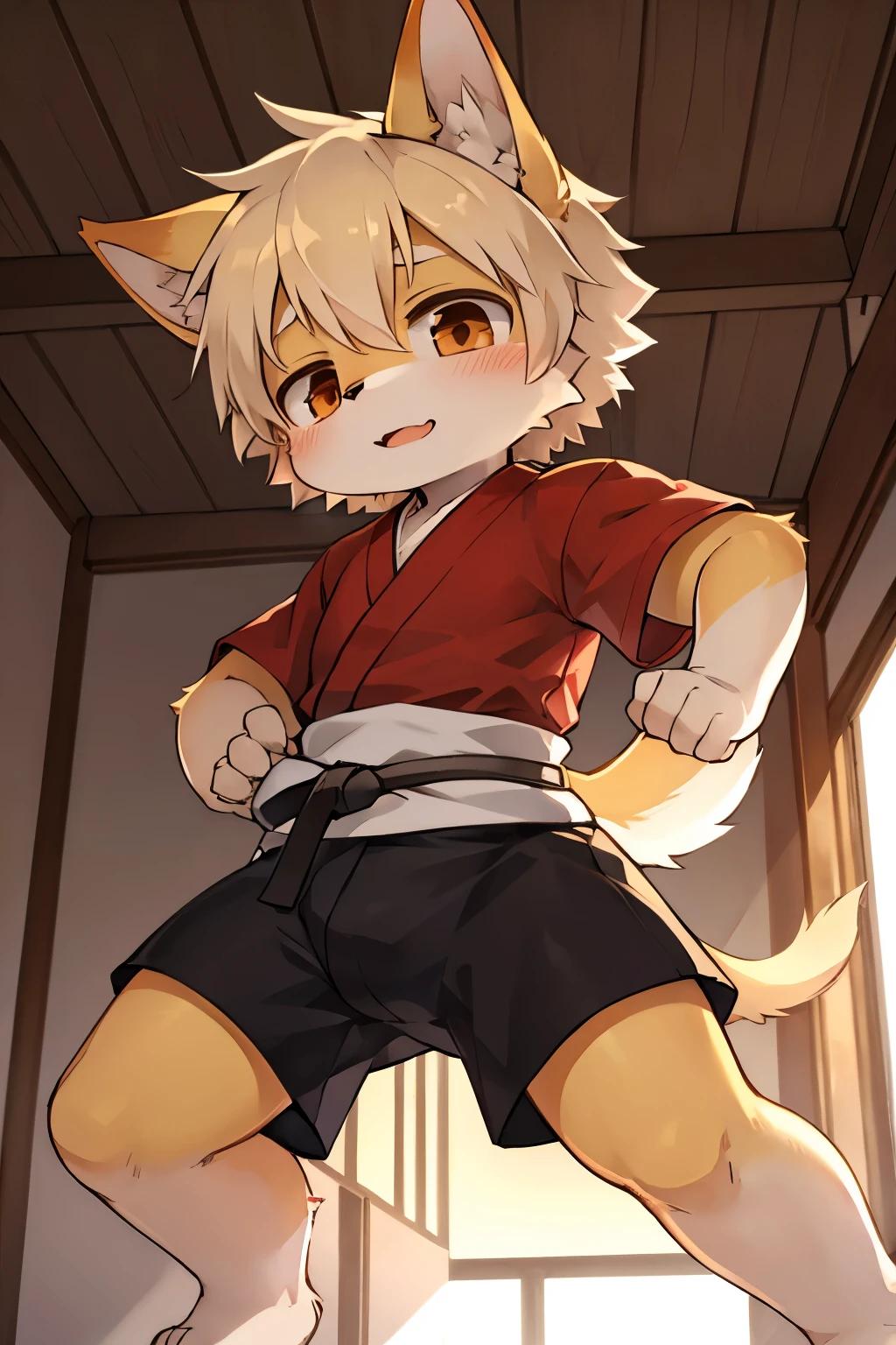 Kemoshota, dynamic angle, kindergarten boy, short height boy, tail, martial arts