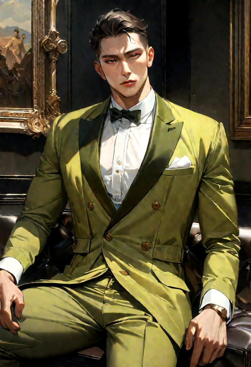 30-year-old boys, with a masculine appearance, wearing a Green Safari suit. The scene depicts a masterpiece of art, showcasing the boy's professional and wealthy lifestyle. The image is of the best quality, with ultra-detailed features. The color tone is rich and vibrant, masterpiece, ultra-realistic, detailed face,