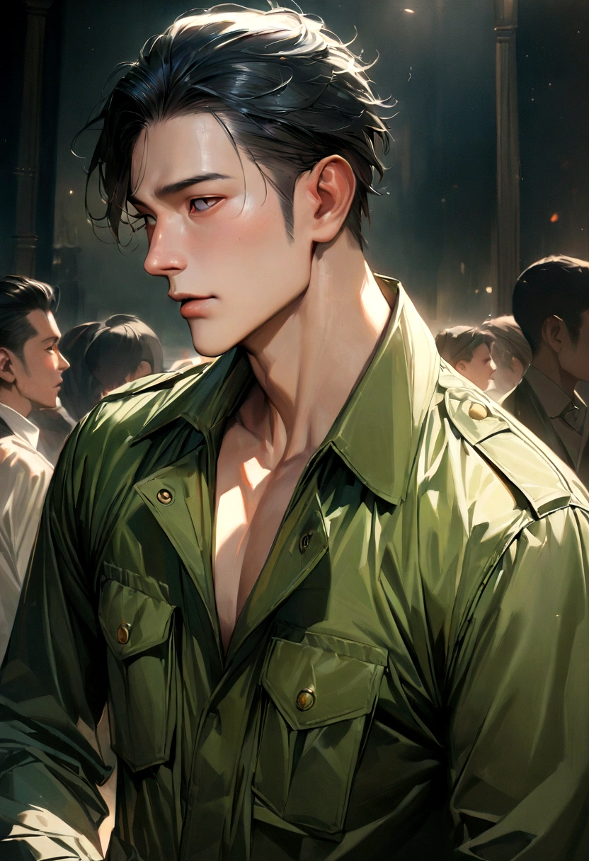 30-year-old boys, with a masculine appearance, wearing a Green Safari suit. The scene depicts a masterpiece of art, showcasing the boy's professional and wealthy lifestyle. The image is of the best quality, with ultra-detailed features. The color tone is rich and vibrant, masterpiece, ultra-realistic, detailed face,