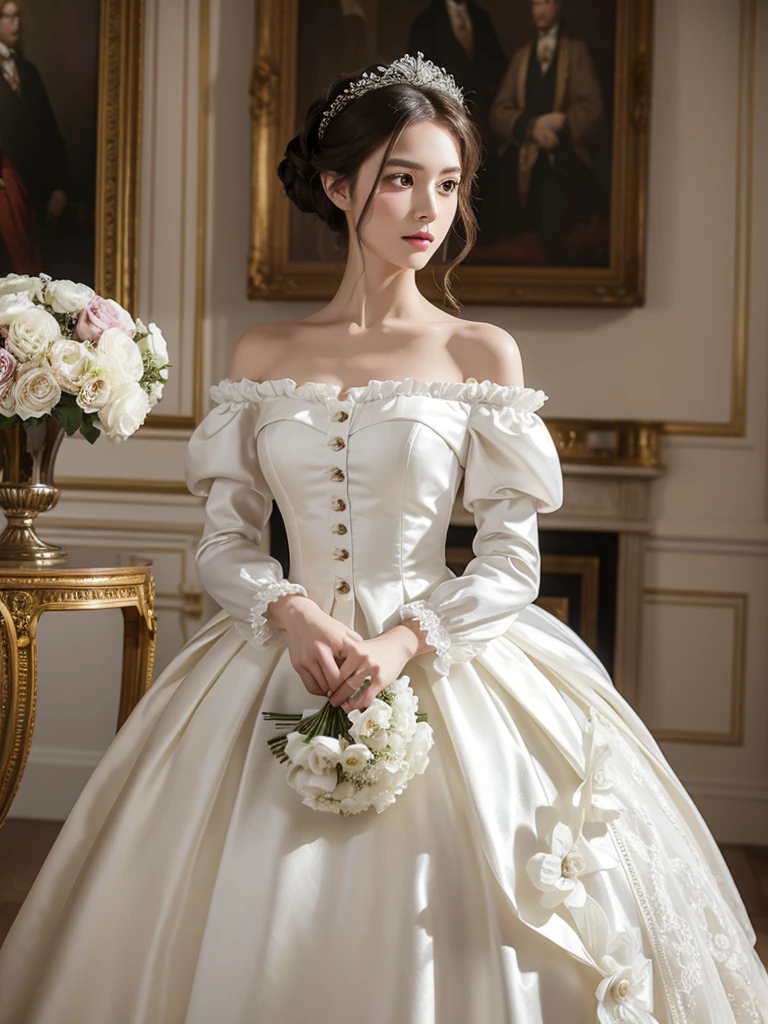 bride in a white dress holding a bouquet of flowers in a room, a photorealistic painting inspired by Franz Xaver Winterhalter, tumblr, rococo, puff sleeves, beautiful and elegant, beautiful detailed elegant, romantic gown, ribbons and flowers, exquisite and beautiful, dressed beautiful gown, very beautiful and elegant, voluminous sleeves, in romantic style, with flowers buttons on back
