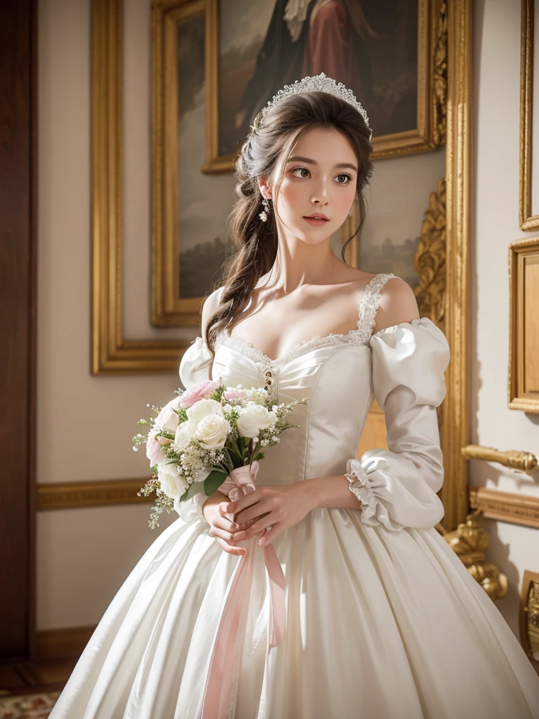 bride in a white dress holding a bouquet of flowers in a room, a photorealistic painting inspired by Franz Xaver Winterhalter, tumblr, rococo, puff sleeves, beautiful and elegant, beautiful detailed elegant, romantic gown, ribbons and flowers, exquisite and beautiful, dressed beautiful gown, very beautiful and elegant, voluminous sleeves, in romantic style, with flowers buttons on back