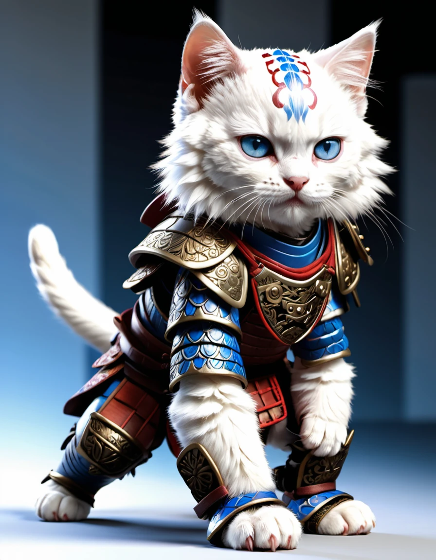 A highly detailed, photorealistic image of a young pure white-furred kitten with blue eyes wearing traditional samurai armor, including a kabuto (helmet), menpo (face mask), and a do (chest armor), along with greaves and suneate (shin guards). The armor is in rich colors with intricate patterns. The kitten has a determined expression and is holding a single katana in a ready stance. The background is plain and simple, focusing solely on the kitten without any complex details or framing. Realistic depiction, dynamic pose, dramatic lighting, ultra-realistic, photo-like quality. --ar 4:5 --res 8k