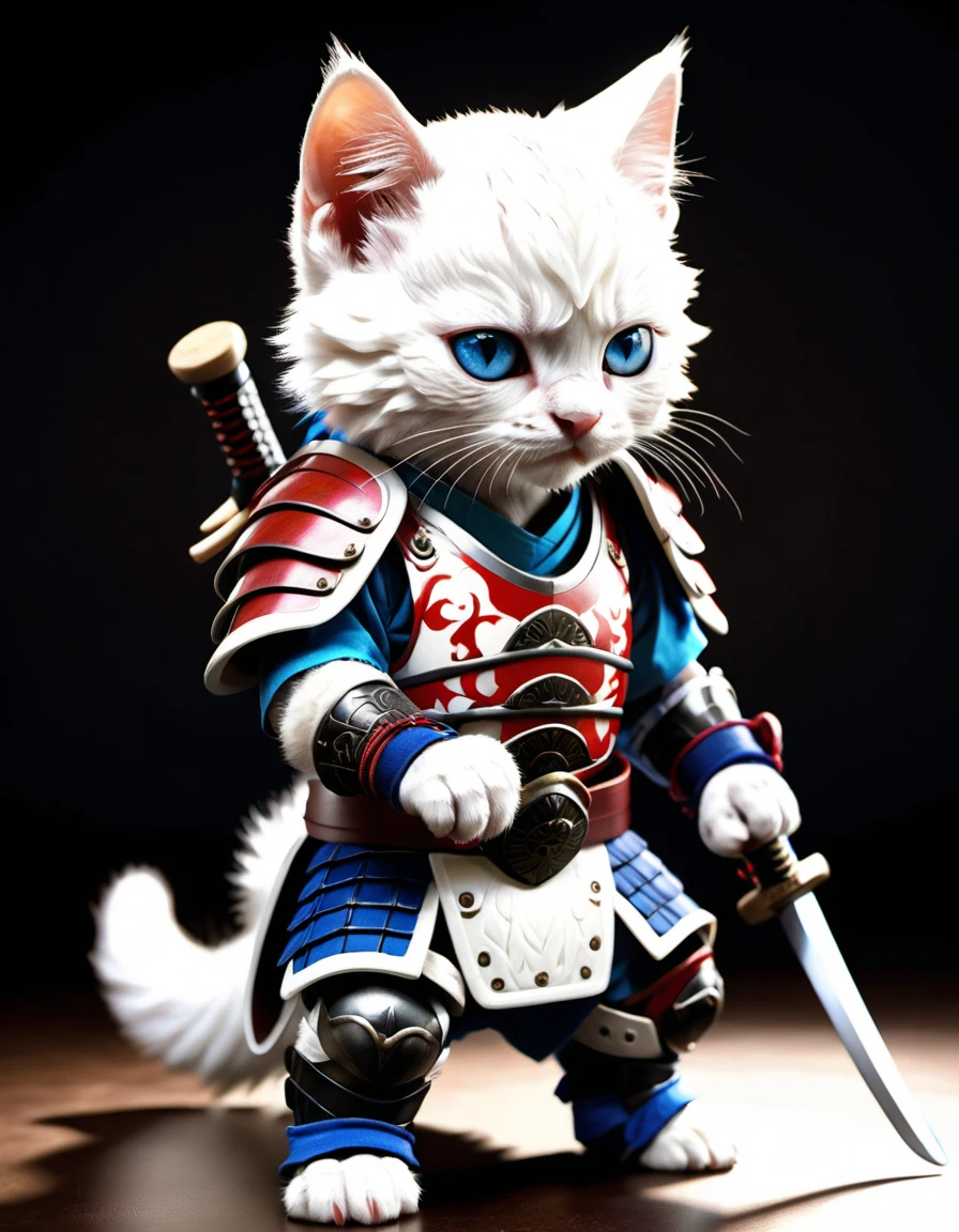 A highly detailed, photorealistic image of a young pure white-furred kitten with blue eyes wearing traditional samurai armor, including a kabuto (helmet), menpo (face mask), and a do (chest armor), along with greaves and suneate (shin guards). The armor is in rich colors with intricate patterns. The kitten has a determined expression and is holding a single katana in a ready stance. The background is plain and simple, focusing solely on the kitten without any complex details or framing. Realistic depiction, dynamic pose, dramatic lighting, ultra-realistic, photo-like quality. --ar 4:5 --res 8k