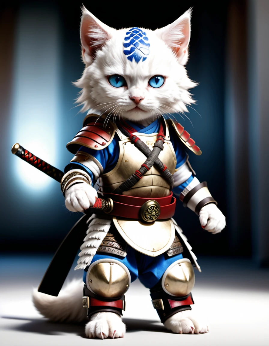 A highly detailed, photorealistic image of a young pure white-furred kitten with blue eyes wearing traditional samurai armor, including a kabuto (helmet), menpo (face mask), and a do (chest armor), along with greaves and suneate (shin guards). The armor is in rich colors with intricate patterns. The kitten has a determined expression and is holding a single katana in a ready stance. The background is plain and simple, focusing solely on the kitten without any complex details or framing. Realistic depiction, dynamic pose, dramatic lighting, ultra-realistic, photo-like quality. --ar 4:5 --res 8k