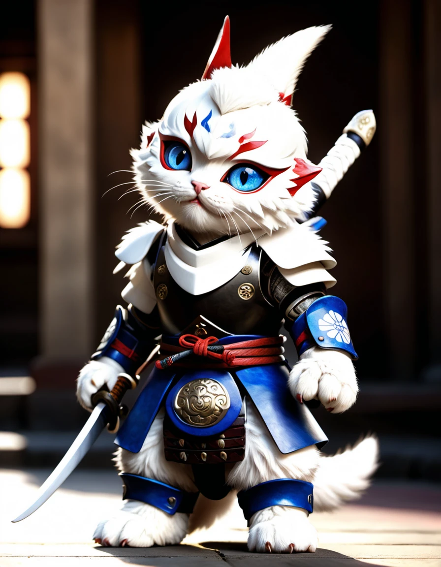 A highly detailed, photorealistic image of a young pure white-furred kitten with blue eyes wearing traditional samurai armor, including a kabuto (helmet), menpo (face mask), and a do (chest armor), along with greaves and suneate (shin guards). The armor is in rich colors with intricate patterns. The kitten has a determined expression and is holding a single katana in a ready stance. The background is plain and simple, focusing solely on the kitten without any complex details or framing. Realistic depiction, dynamic pose, dramatic lighting, ultra-realistic, photo-like quality. --ar 4:5 --res 8k