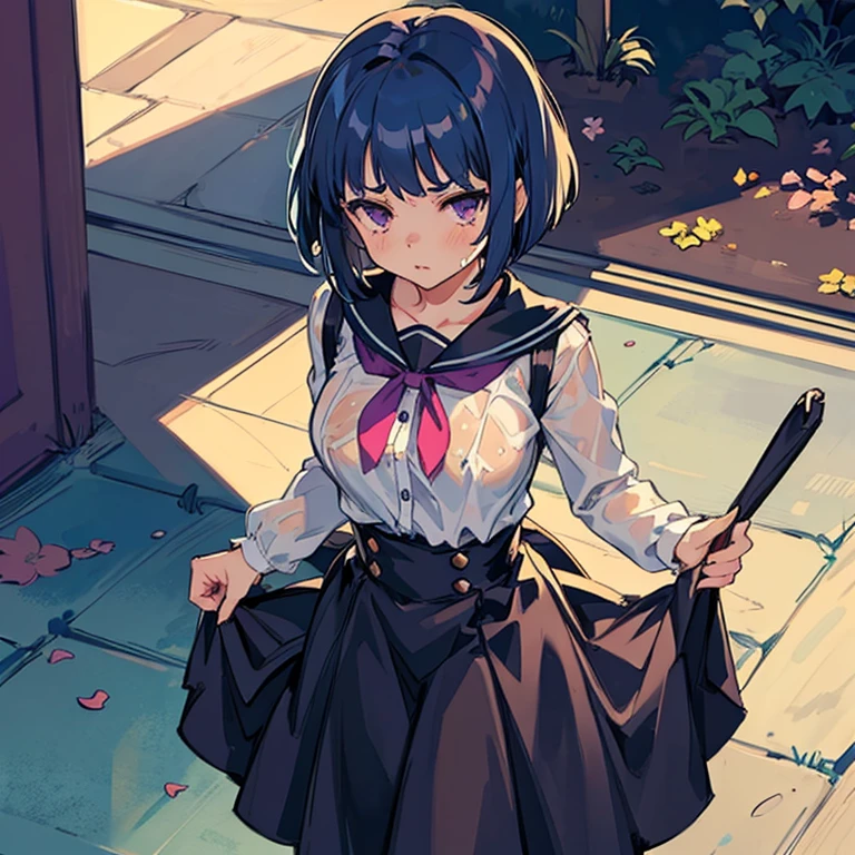 Young girl with blue hair,short straight hair and short bangs (purple eyes),, ((small bushy eyebrows)), wearing gothic lolita clothing, lolicon , large breast, breasts out of blouse, walking to school, bored look, bored face, , lifting her skirt to show her vagina wet with semen, having sex