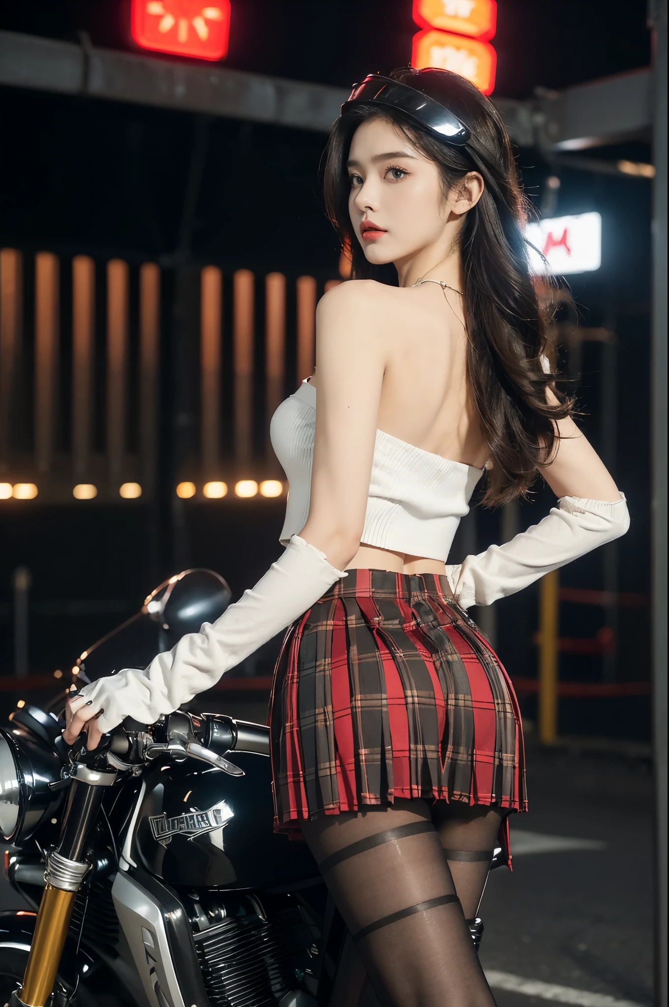 (((best quality))),(((ultra detailed))),(((masterpiece))),illustration,(1 beautiful girl,solo),((slim,thin)),((strapless,shoulder off,bare back,towering hips,butt crack)),(safety helmet:1.3),shoulder length straight bob hair,slender legs,cyberpunk, urban street,high school student, JK outfit,(riding on a motorcycle:1.3), sleek, (white collared short-sleeved shirt:1.3),(gloves:1.2),(red checkered pleated skirt:1.3),(pantyhose:1.3), stylish boots, confidence, determination, dark streets,neon lights, skyscrapers, urban noises, traffic, sirens, city sounds, futuristic, dystopian society, technology, fashion, explosive cocktail, style, , modernity, attitude, spirit, anything is possible,((from back,upper body))