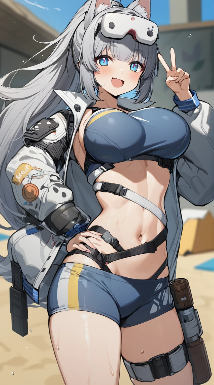 Cartoon girl with big wolf ears in swimsuit giving peace sign, 1girl, breasts, blue eyes, solo, animal ears, navel, V, big breasts, eyewear on head, ponytail, gray hair, jacket, Miyu