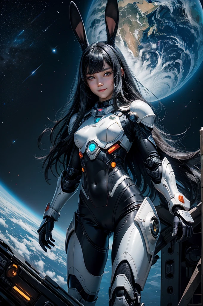 Perfect human body modeling, 1 girl, cute girl, pretty face, bitter smile, 12 years old, Beautiful black long hair, beautiful eyes, flat chest, small build, No muscles, white skin, Rabbit ears in robot style, powered armor, full armor, powered leg, metroid armor, Space suits, planetary exploration