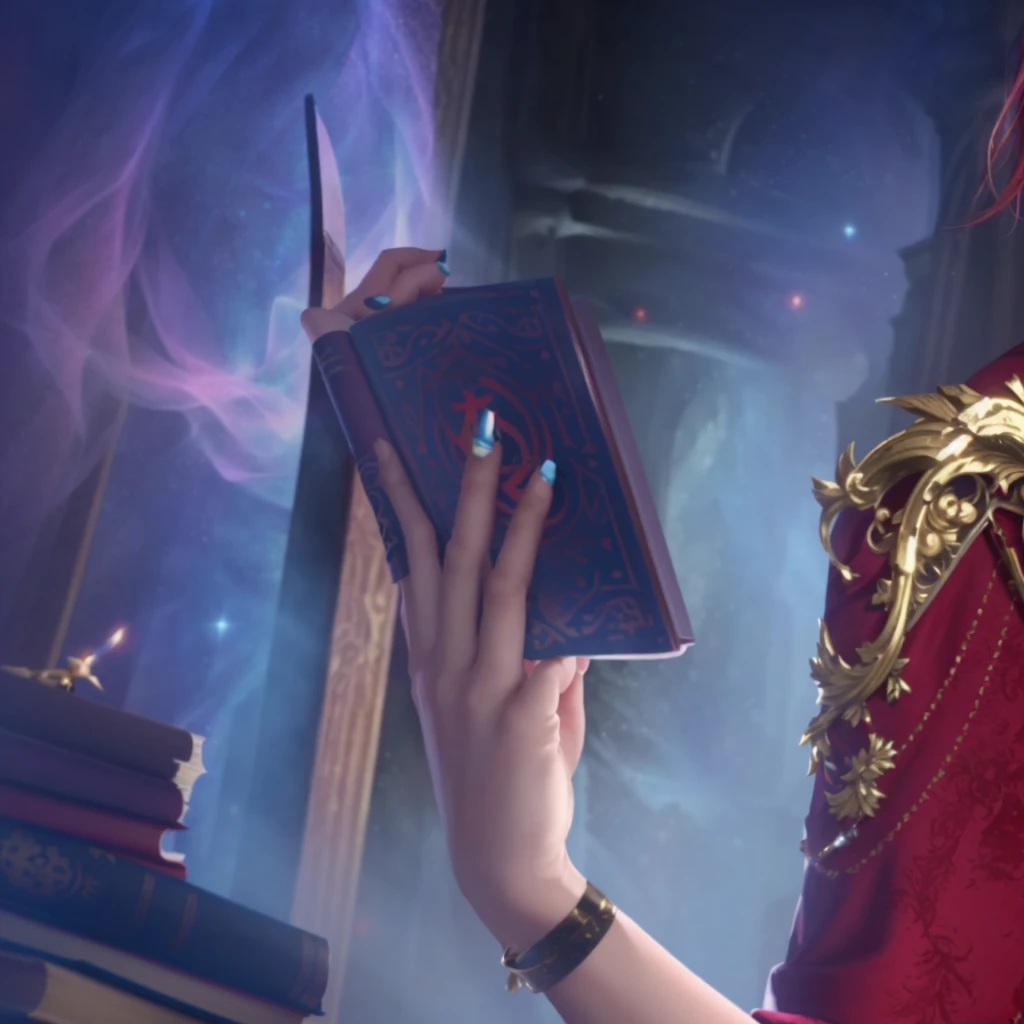 A woman's hand，Red painted nails，Holding a magic book，Game CG，8K