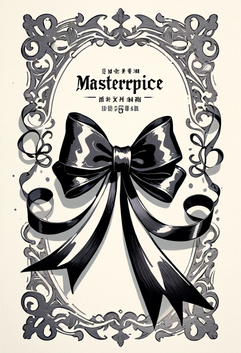 masterpiece、super beautiful、8K、Asymmetric、Long wavy ribbon、flat、An illustration of a ribbon tied in a bowknot, drawn with worn lines in the style of medieval black and white letterpress printing.