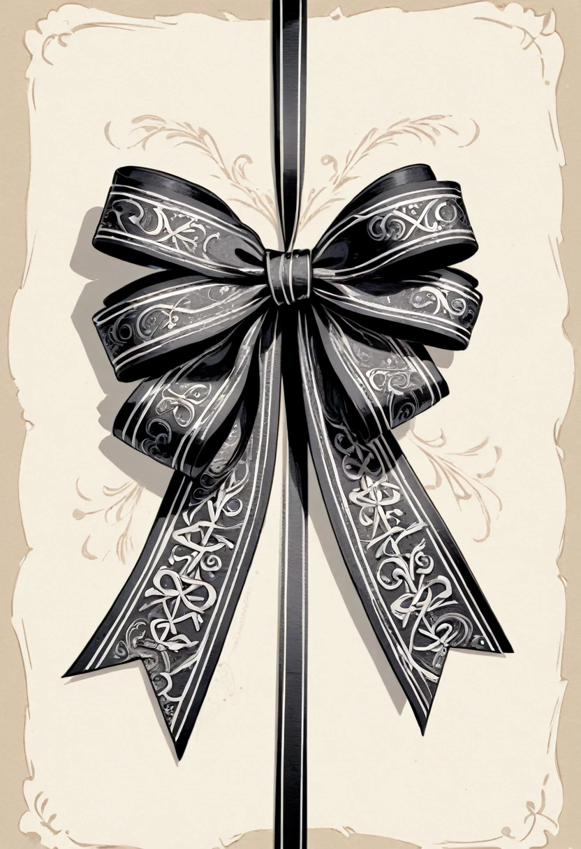 masterpiece、super beautiful、8K、Asymmetric、Long wavy ribbon、flat、An illustration of a ribbon tied in a bowknot, drawn with worn lines in the style of medieval black and white letterpress printing.