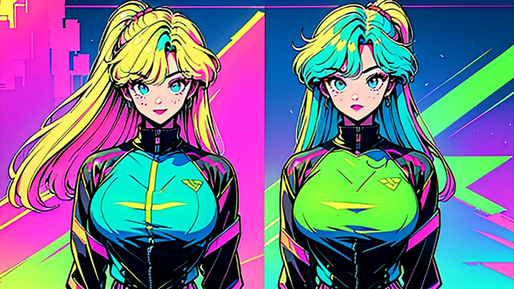 (high quality, 8K, 4K, High Contrast, masterpiece:1.2, best high quality, Best aesthetics), (Dynamic Angle), ((1 female)), JK, big tits, nsfw, ((cyber punk)), ((Flat Color)), ((Colorful art)), Riders jacket, Looking at viewer, Upper Body, Colored Background, High Contrast, Contrasting colors, Cowboy Shot,