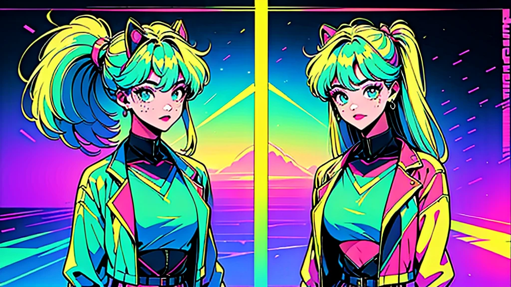 (high quality, 8K, 4K, High Contrast, masterpiece:1.2, best high quality, Best aesthetics), (Dynamic Angle), ((1 female)), JK, big tits, nsfw, ((cyber punk)), ((Flat Color)), ((Colorful art)), Riders jacket, Looking at viewer, Upper Body, Colored Background, High Contrast, Contrasting colors, Cowboy Shot,