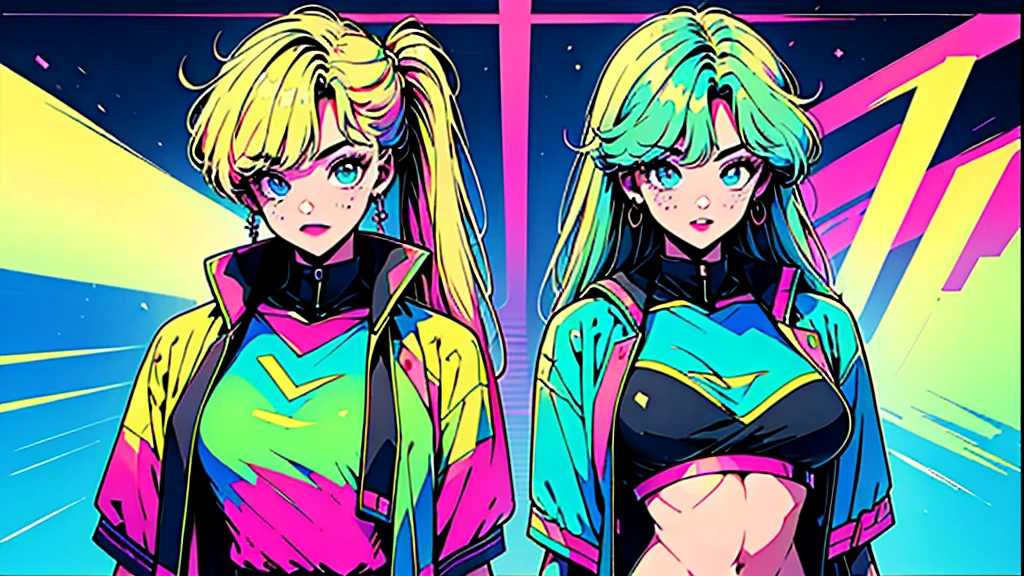 (high quality, 8K, 4K, High Contrast, masterpiece:1.2, best high quality, Best aesthetics), (Dynamic Angle), ((1 female)), JK, big tits, nsfw, ((cyber punk)), ((Flat Color)), ((Colorful art)), Riders jacket, Looking at viewer, Upper Body, Colored Background, High Contrast, Contrasting colors, Cowboy Shot,